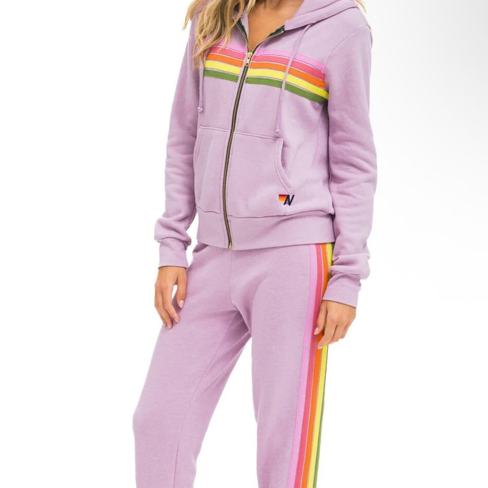 Aviator Nation 5 stripe mauve, pink & green hoodie and sweatpants NWT - Size L